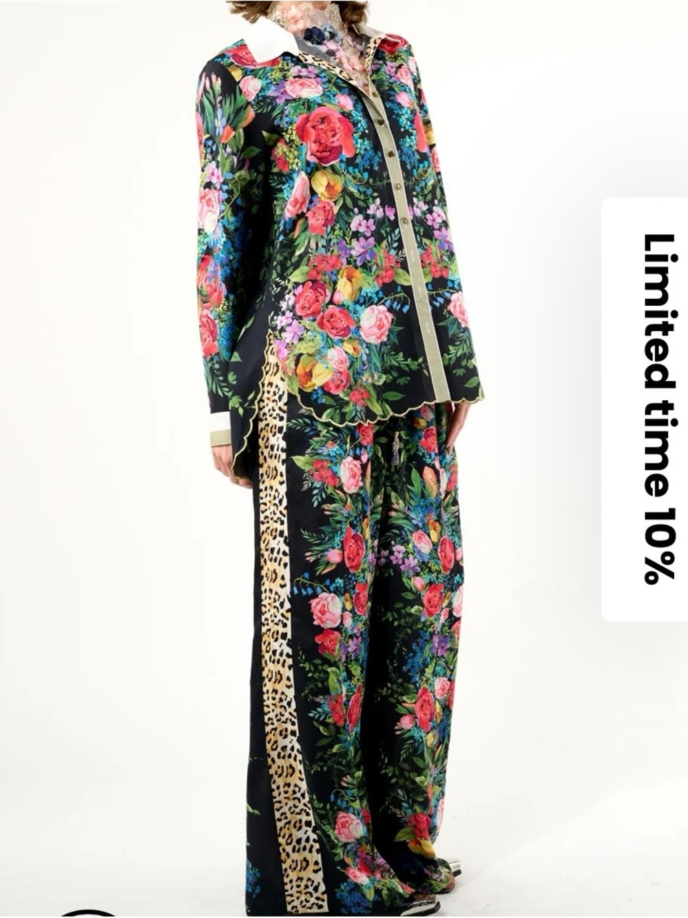 Wide-Leg Floral Pants with Leopard Stripe in Black. Retail $179 pants only - Picture 3 of 5